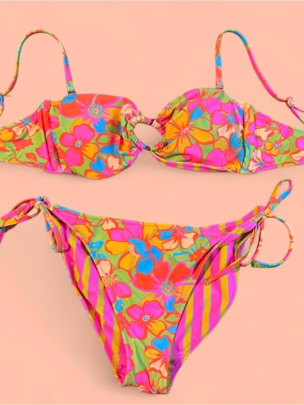 Reversible Floral striped Tie-Side Bikini - Pink & Multicolor